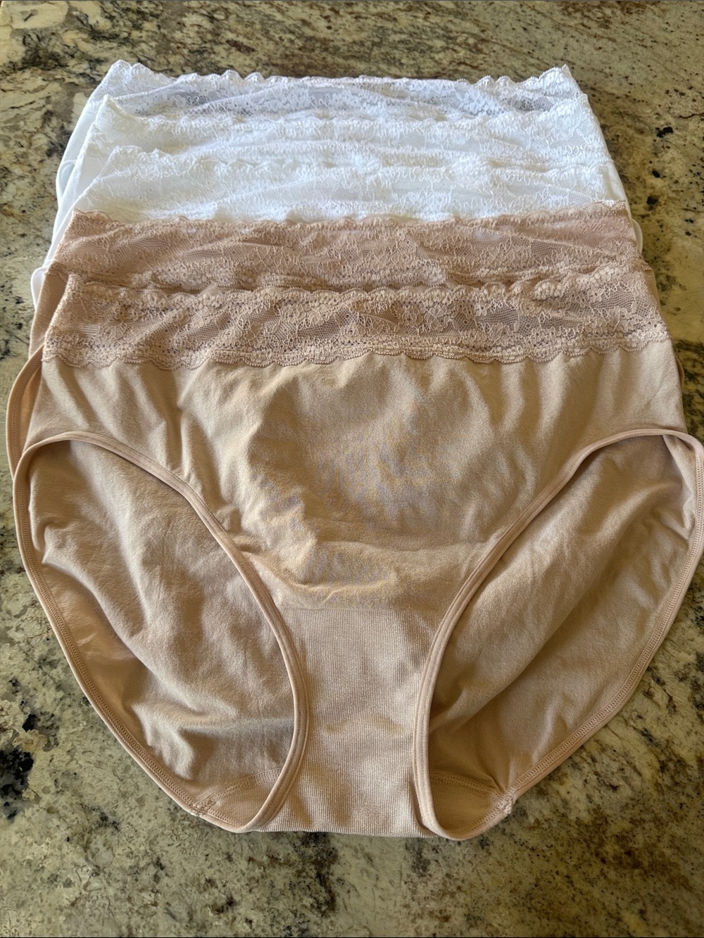 Breezies 5-Pack Lace Waist Cotton-Blend Bikini Panties in White and Nude Size 2X